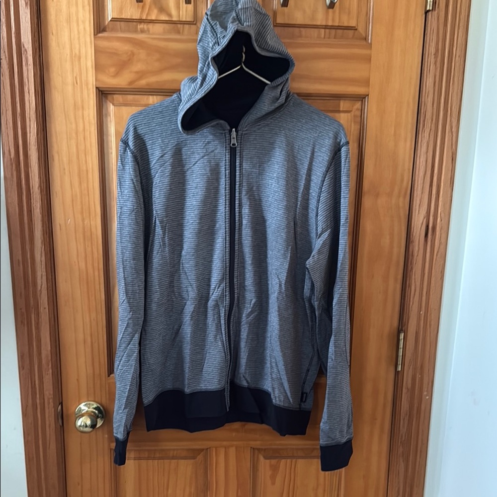 Gray Zip Up Sweater with Hood and Dark Accents